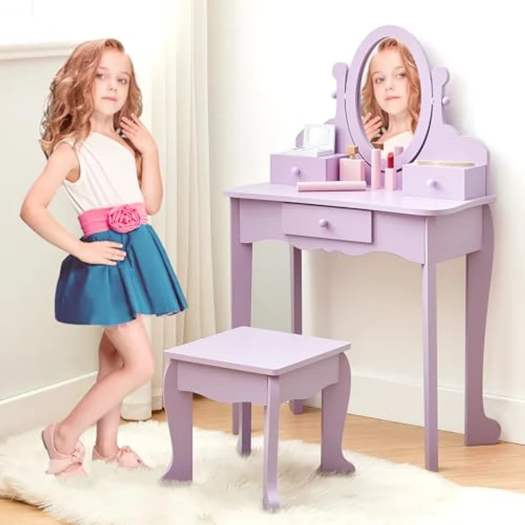 GarveeLife Schminktisch für Kinder, Schminktisch für Mädchen mit Spiegel, Hocker, Schublade, Aufbewahrungsboxen, für Kinder von 3 bis 6 Jahren, Violett – Bild 5