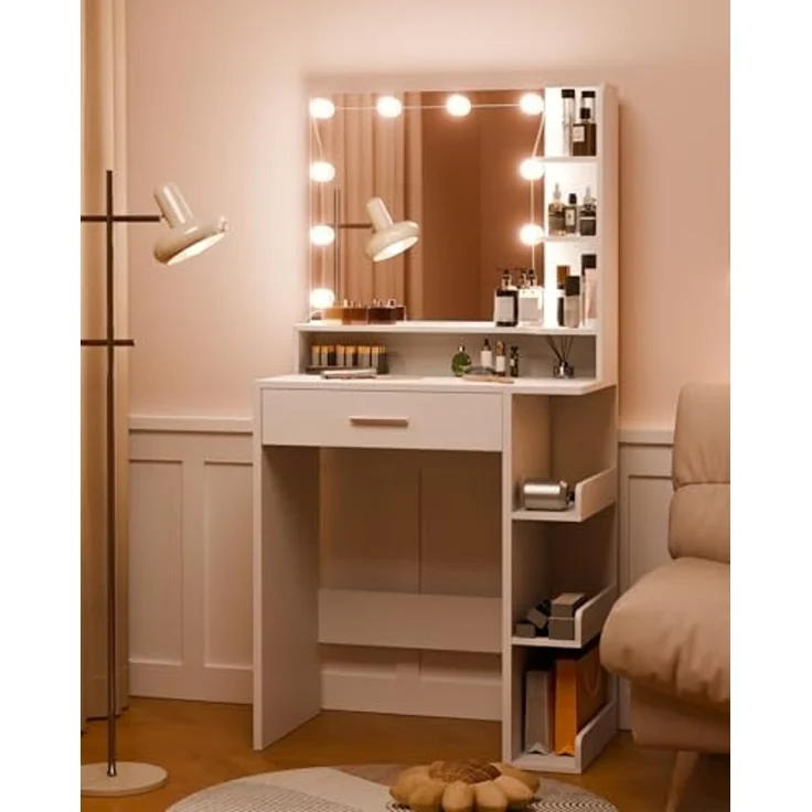 Mondeer Schminktisch mit Spiegel und 10 LED-Lichtkugeln, Frisiertisch mit 1 Schublade und 7 Offenen Fächern, 3 Farben mit Einstellbarer Helligkeit, Weiß, 67 x 36 x 138 cm – Bild 6