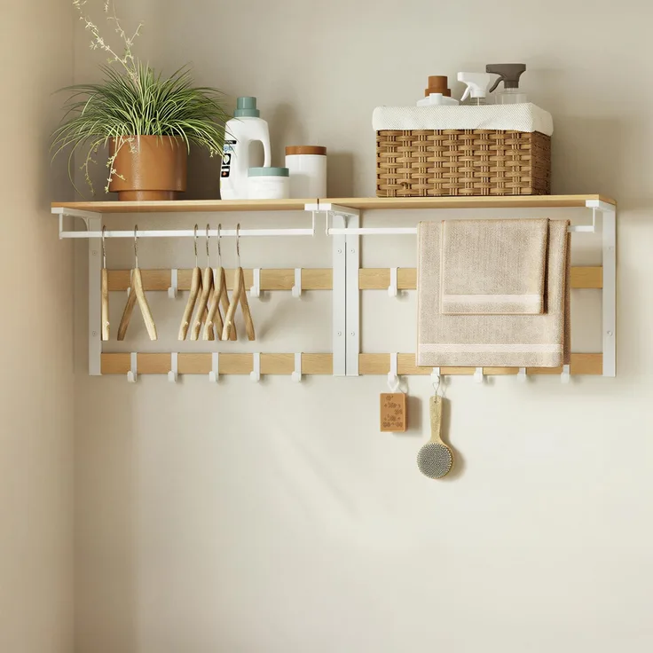 VASAGLE Wandgarderobe 2er Set, mit Ablage, Wandregal mit 10 abnehmbaren Haken, Hängeregal, Wandmontage, 2 Garderobenleisten, Kleiderstange, für Flur, Schlafzimmer, Badezimmer, eichenfarben-weiß