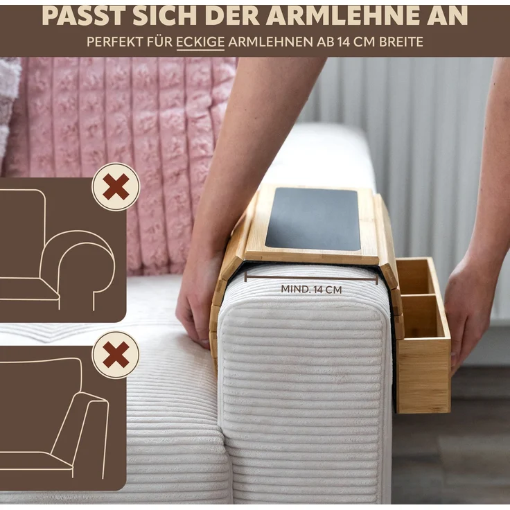 eluno Sofatablett mit Silikonablage und seitlichen Fächern, faltbare Ablage für Snacks, Handy uvm, Bambus – Bild 6