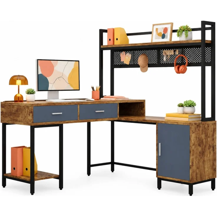L-förmiger Schreibtisch 140x140x135 cm mit Stauraum, MDF und Metall – Bild 7