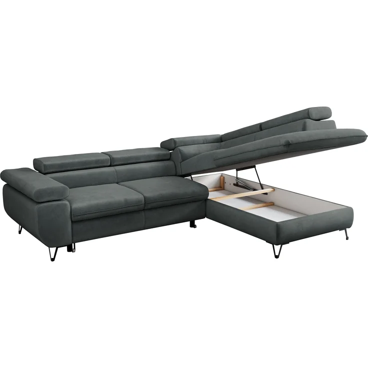 Mks Möbel 'Peter L-form' Ecksofa mit Bettfunktion, Bettkasten & einstellbaren Kopfstützen, Dunkelgrau, Mikrofaser, rechts – Bild 5