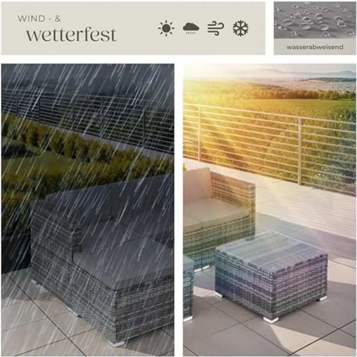 tectake® Poly Rattan Lounge, Outdoor Sitzgruppe, Set mit Sofa Sessel, Hocker, Tisch, frei kombinierbar, Sitzecke für 3-4 Personen, Möbel wetterfest für Garten Terrasse Balkon - grau – Bild 7