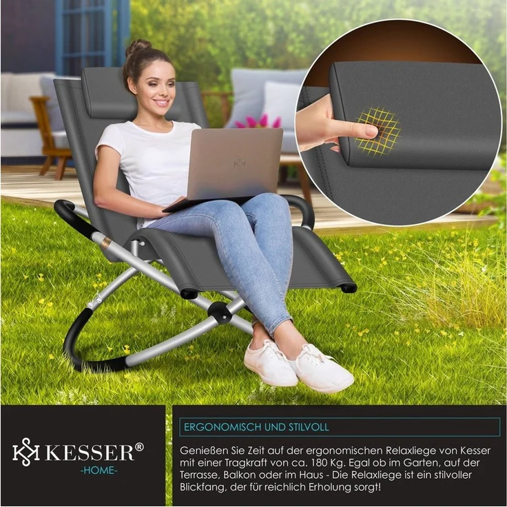 KESSER® Relaxliege Liegestuhl | Gartenliege | Gartenstuhl | Klappstuhl faltbar | Schwungliege | Schaukelsessel | ergonomische Relaxsessel | wetterfest | 180 kg Belastung | 174 x 78 x 89 cm Anthrazit – Bild 2