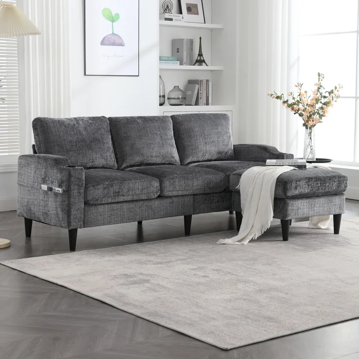 LVHOM Loungesofa mit Hocker & Stauraum, 4-Sitzer, Armlehnen, Getränkehalter, Seitentaschen, weiche Chenille-Stoff, modulare Sofa, Grau – Bild 5
