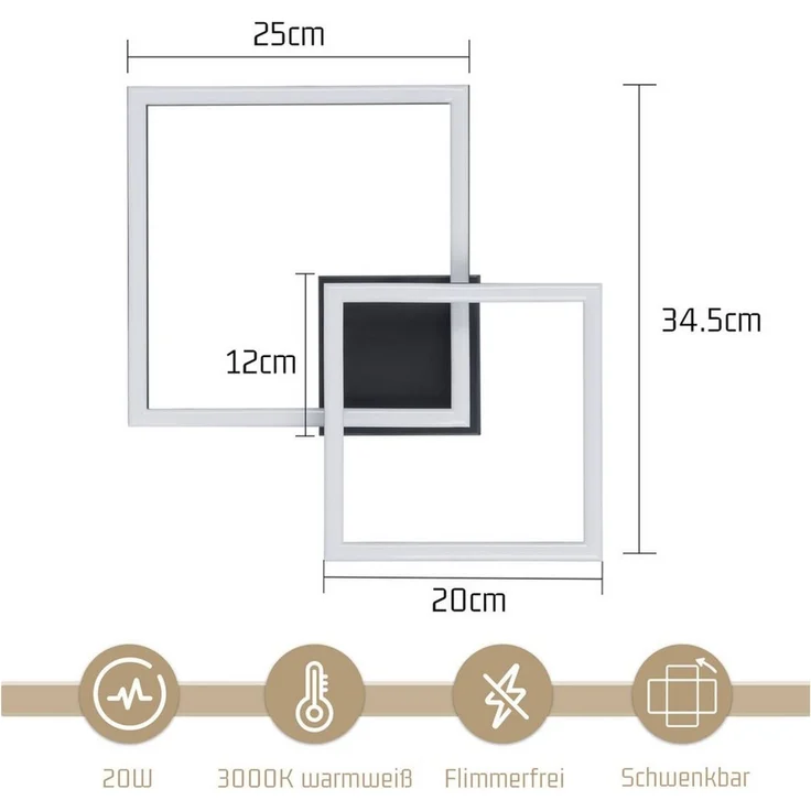 Nettlife LED Deckenleuchte Flur Wohnzimmer Schwarz modern Kristall Deckenlampe 12/24W, LED fest integriert, Warmweiß, ohne Kristalle 20W 34.5*34.5*6.7cm für Wohnzimmer Flur Schlafzimmer – Bild 3