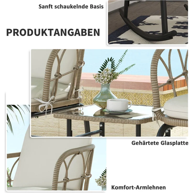 Schaukelstuhl-Set 63 x 82 x 75 cm mit Tisch – 3-teilig aus PE-Rattan, Stahlrahmen und Glasplatte – Bild 4