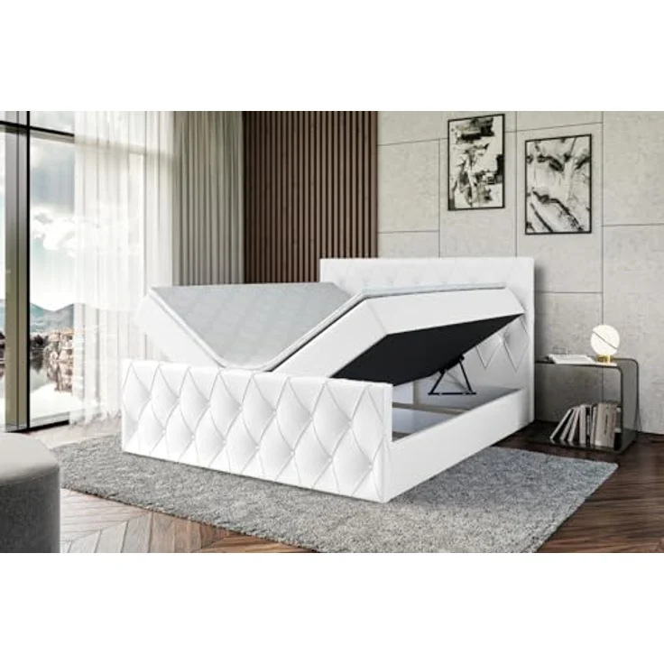 ALTDECOR AMAY Boxspringbett 180x200 cm, Polsterbett mit 21 cm hoher Matratze (H4), 4 cm Topper und Bettkasten, Weiß Kunstleder – Bild 6