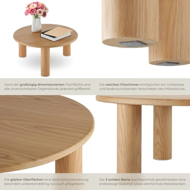 tectake Couchtisch Sofatisch "Sisi", Beine aus Massivholz, besonders pflegeleicht (1-St, 1 tlg), Stilvoller Couchtisch in Rundform mit Schutzlackierung – Bild 6