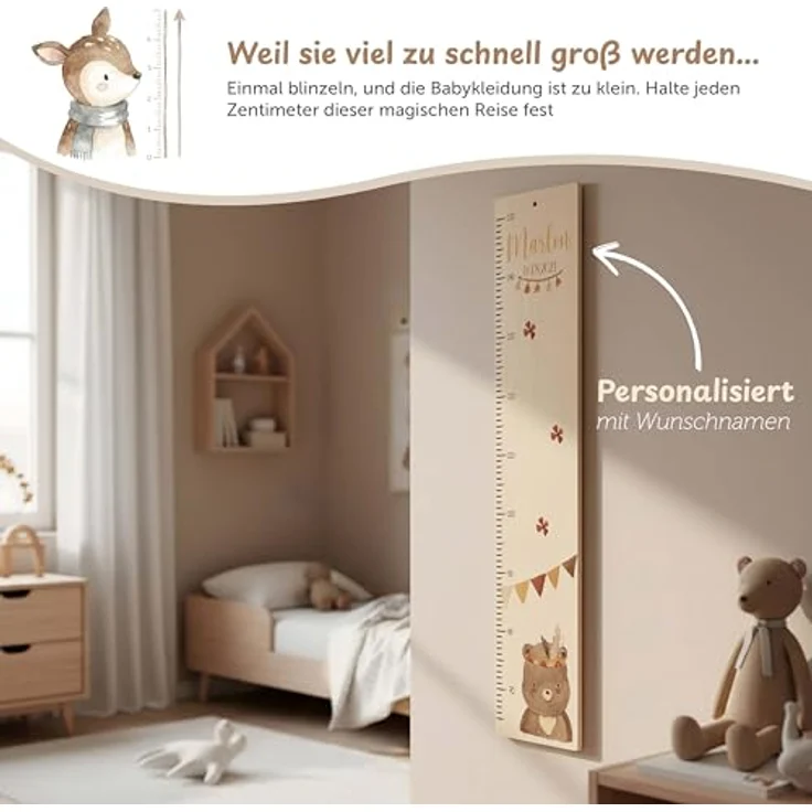 KIDSMOOD - Messlatte für Kinderzimmer Personalisiert, 70-140 cm - Messlatte Kinder Holz personalisiert Mit Namen für Baby- & Kleinkinderzimmer - Individuelles Geschenk für Kinder und Babys zum Geburt – Bild 3