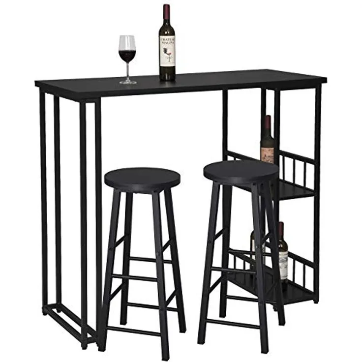 1 x Bartisch + 2 x Barhocker mit 2 Ablagefläche aus Metallgestell und MDF schwarz