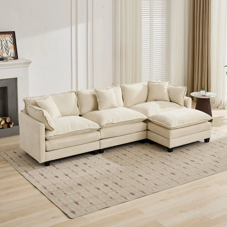 ZUBALIYA Sofa mit LED - Beleuchtung, mit Chenille - Bezug, mit Cordbezug, modular aufgebaut, aus Chenille, Beige – Bild 12