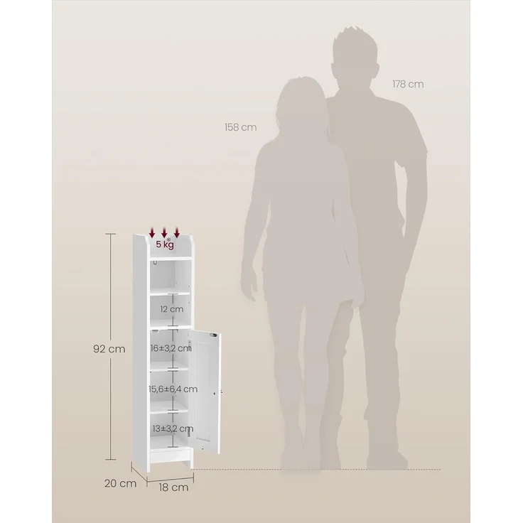 VASAGLE Badezimmerschrank klein, Badschrank schmal, stehend, mit Tür und Regal, kleiner Schrank für Toilettenpapier, Toilettenschrank, verstellbare Ablagen, 20 x 18 x 92 cm，wolkenweiß – Bild 3