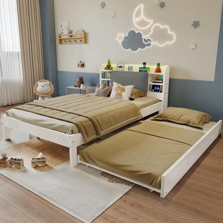 Massivholzbett mit RGB LED-Streifen, Stauraum, Lattenrost, Ausziehbett, Type-C und USB, Kopfteil mit Regal, 120x200 cm, Einzelbett, Kiefer – Bild 3
