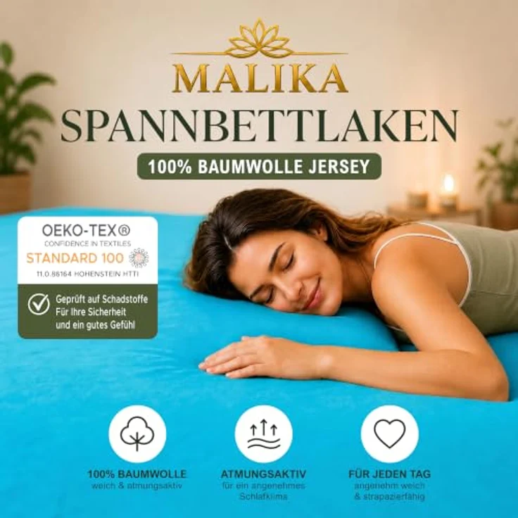 MALIKA® Spannbettlaken 90x200cm - 100x200cm aus Baumwolle, Jersey Betttuch für Matratzenhöhe bis 28 cm, Oeko-Tex zertifiziert, faltenfrei und atmungsaktiv – Bild 1
