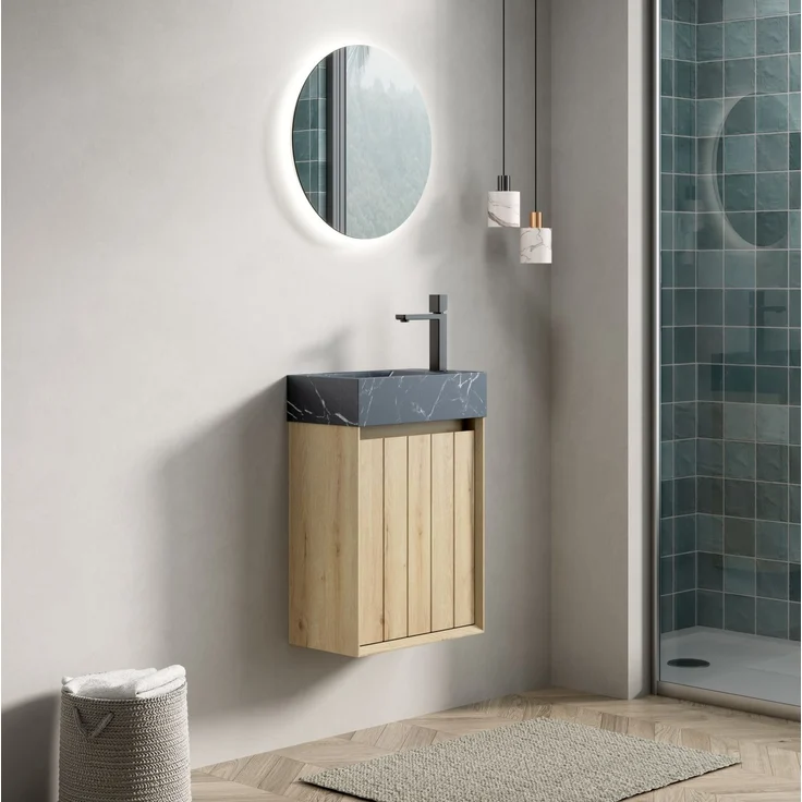 Badmöbel-Set 40 x 22 x 58 cm mit Naturmarmor-Waschbecken und vormontiertem Unterschrank – Bild 2