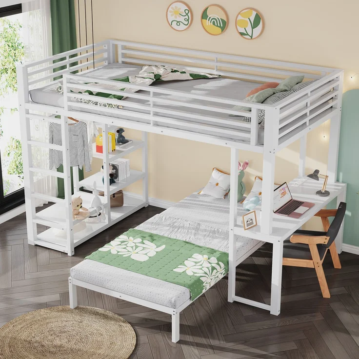 Hochbett 90×200 cm mit EN747-Schutz, Schreibtisch, Weiß, ohne Matratze – Bild 2