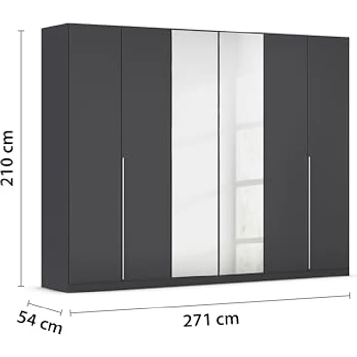 Rauch Möbel Alabama, Kleiderschrank für Schlafzimmer, Kinderzimmer, Wohnzimmer, Garderobe, Flur, 6-türig, Spiegel, mit Zubehör Basic, Farbe Grau metallic, Schwarz, Breite 271 cm – Bild 3