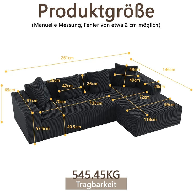 3-Sitzer Wohnlandschaft B 261 x T 146 x H 65 cm aus Kordstoff, modular mit Longchair – Bild 5