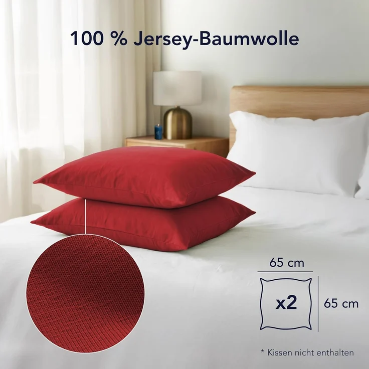 Dreamzie Kissenbezug 65x65 cm (Set mit 2) - 100% Jersey Baumwolle 150 g/qm Kissenbezüge -Rot - Für Kissen 65x65 cm - Kissenhülle - Kissenbezug - Resistent und Hypoallergen – Bild 2