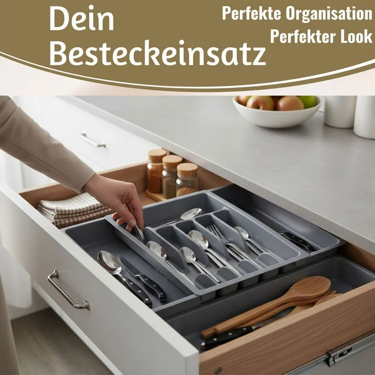 LS-LebenStil Besteckkasten Schubladeneinsatz Besteckkasten 29-50cm Grau ausziehbar Besteckbox (Besteckbox ideal in Küche, Haushalt für Aufbewahrung & Organisation, 1 St, Organizer verstellbar für handelsübliche Küchen-Schubladen), Kunststoff Cutlery Ut... – Bild 4