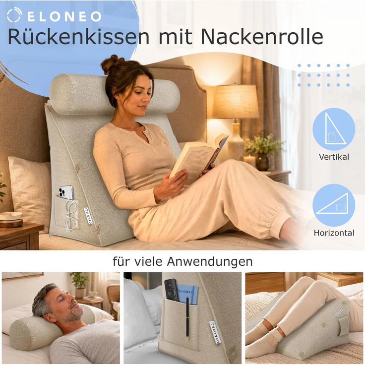 aktivshop Rückenkissen mit Nackenrolle für Bett & Sofa, 55x50x30cm, waschbarer Bezug – Bild 3