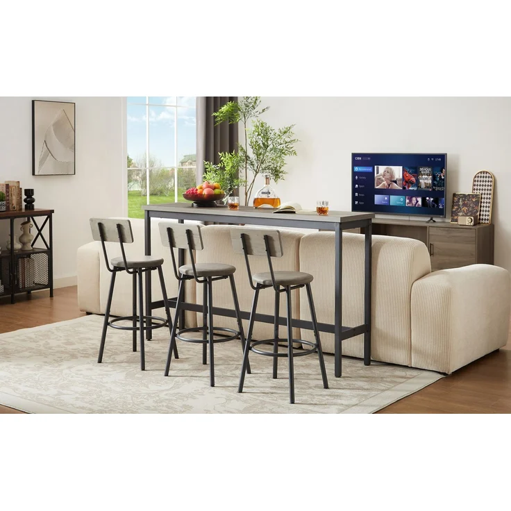 Bartisch-Set mit 3 PU-Barhockern, 160x40x94,5 cm, Grau/Schwarz – Bild 2
