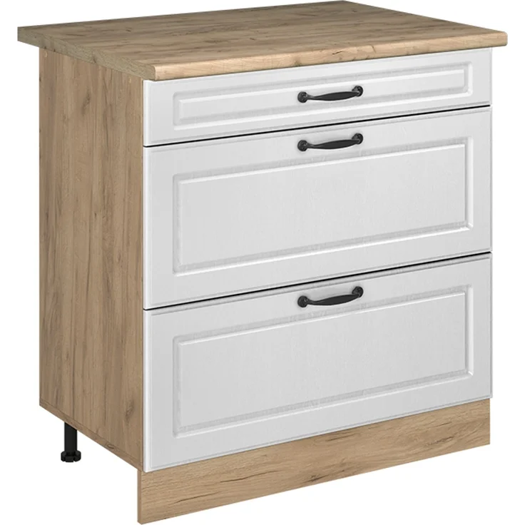 Küchenunterschrank R-Line Weiß Landhaus/Goldkraft Eiche 80 cm mit 3 Schubladen Arbeitsplatte Goldkraft Eiche Vicco – Bild 1