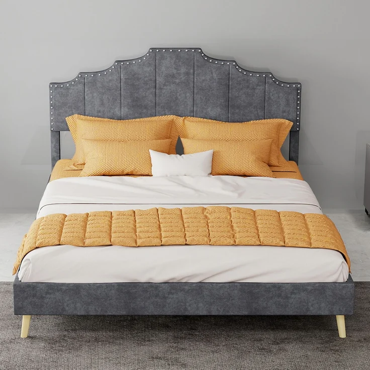 EINHOM Polsterbett 140 x 200 cm, Modernes Minimalistisches Bett, Weiches Kopfteil, Niedriges Bettgestell ohne Gasdruckfeder, Multifunktionale Schlafzimmermöbel, Grau, (Ohne Matratze) – Bild 4