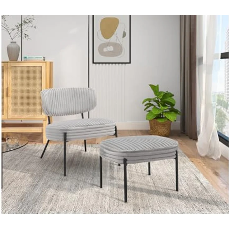 Jerry Lounge Sessel mit Hocker, Cord Stoff Hellgrau, Relaxsessel mit schwarzem Metallgestell und Bugholz-Details, moderner Loungesessel für Wohnzimmer und Büro, 65 x 65 x 76 cm – Bild 2