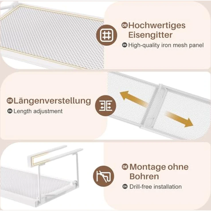 Yorbay Hängekorb Multifunktional Unterregal Hängekorb, Verstellbarer 38-70 cm, zusätzlicher Stauraum ohne Bohren, Weiß – Bild 3