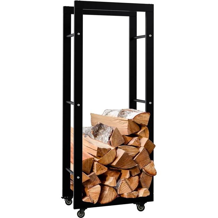 DELUKE® Kaminholzregal innen Metall SATLO - mit Rollen Brennholzregal innen Kaminholzständer Kaminholzhalter Feuerholzregal Innen Schwarz, 25x40x100cm – Bild 1