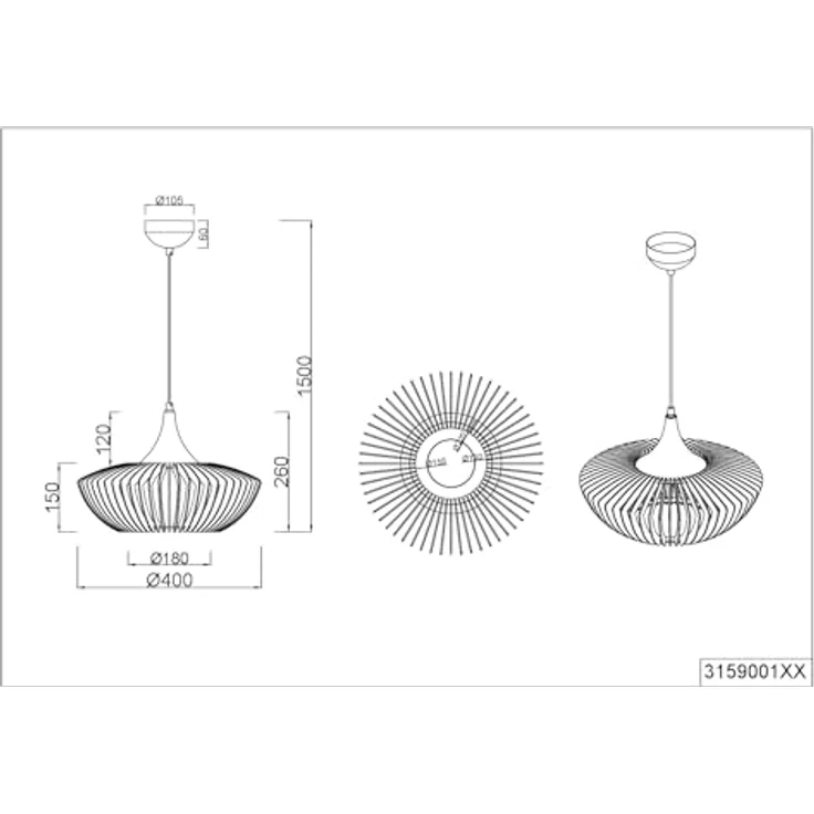 lightling Pendelleuchte Calvino, Holzlamellen, naturbelassen, Metall Anthrazit, 1xE27, D.40xH.150cm – Bild 7