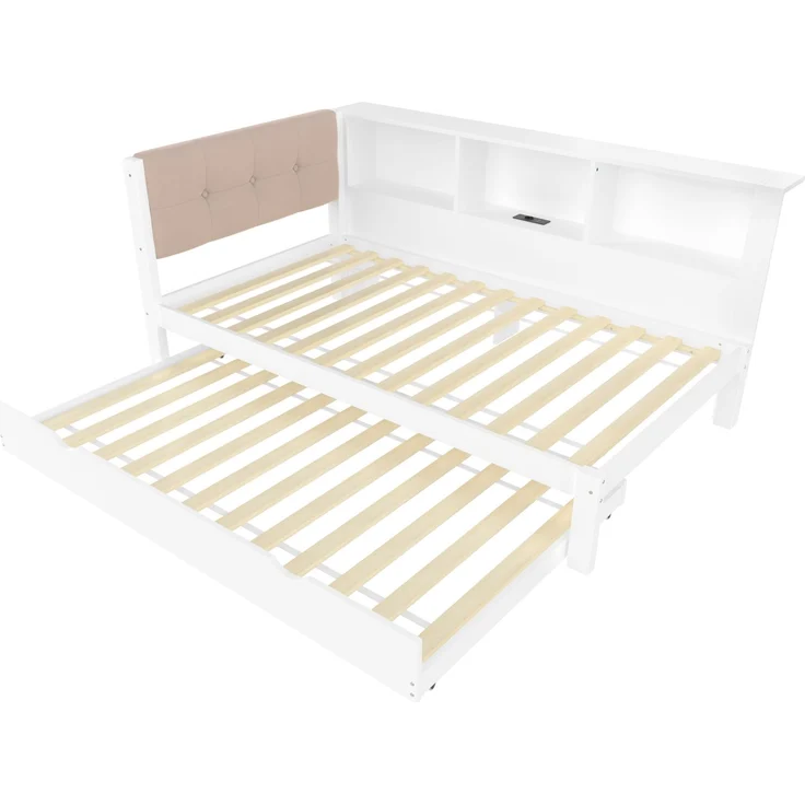 Merax Daybett, Tagesbett, Schlafsofa, 90x200cm, Einzelbett(Ohne Matratze), mit ausziehbarem Bett, mit dimmbarer LED-Leiste, mit praktischem Regal, mit USB-Anschluss, 90x200cm, Kiefernholz, Weiß – Bild 9