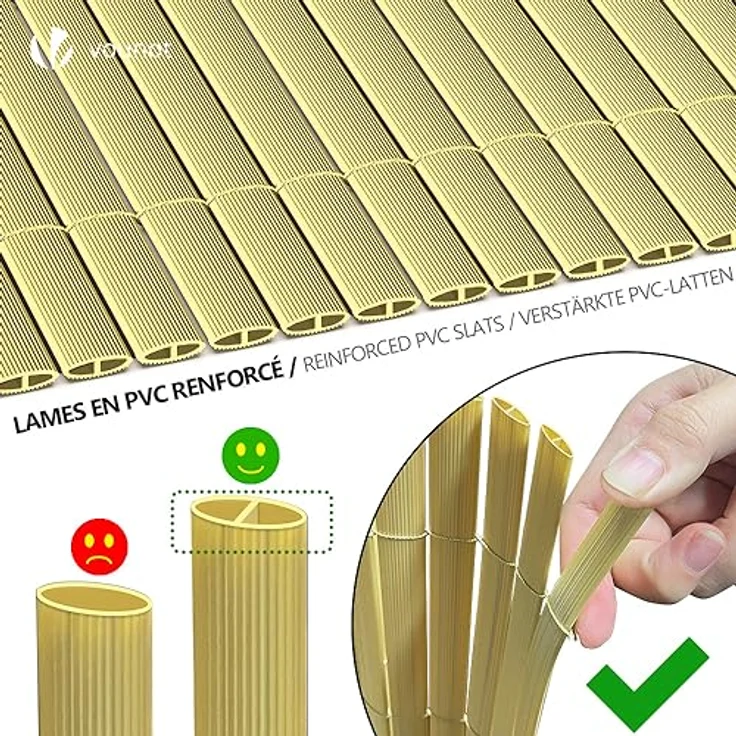 VOUNOT PVC Sichtschutzmatte 80x500 cm Verstärkung Innen, Sichtschutz für Garten Balkon Terrasse Zaun, Sichtschutzzaun Balkonverkleidung Windschutz, Bambus – Bild 3