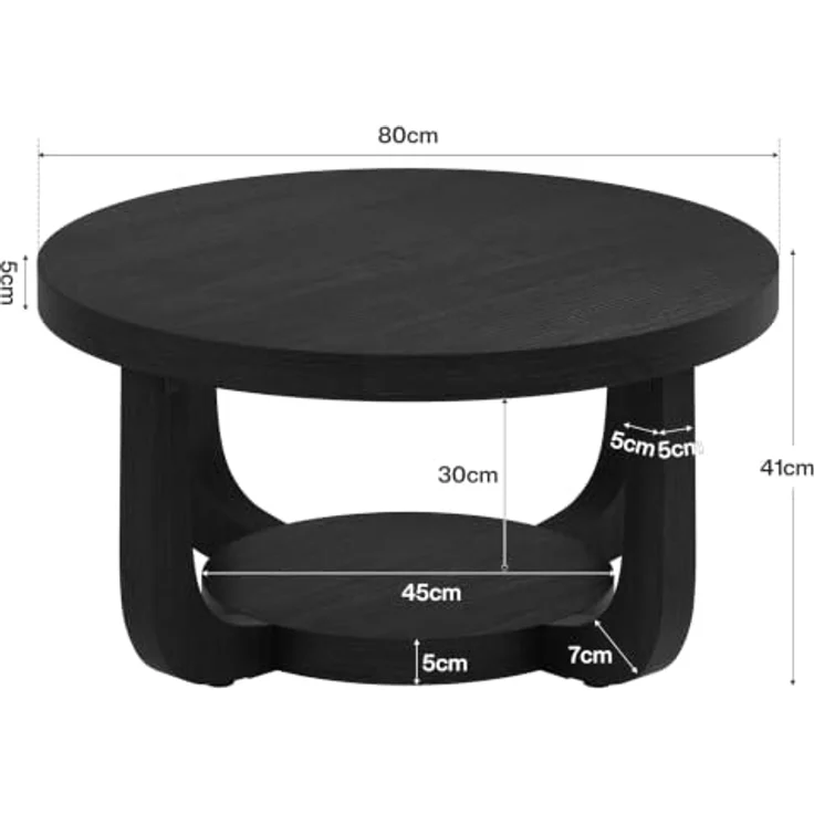 LITTLE TREE Runder Couchtisch 80 cm, 2-stöckiger Wohnzimmertisch mit Ablage | Landhausstil Kaffeetisch, Holz‑Optik Tisch für Wohnzimmer, Schlafzimmer und Lounge, Schwarz – Bild 2