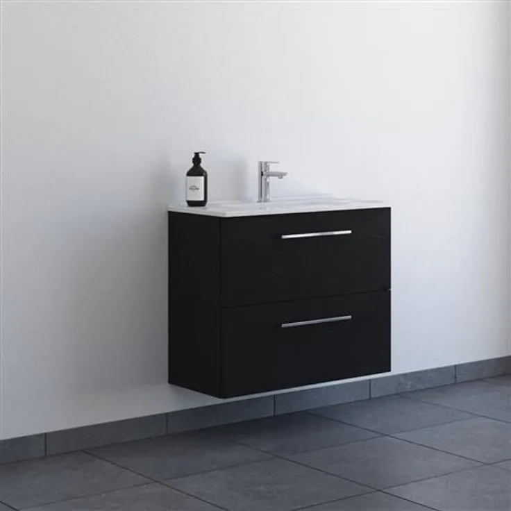 Möbelpaket 81 cm 2 Schubladen m/Waschbecken schwarz Eiche