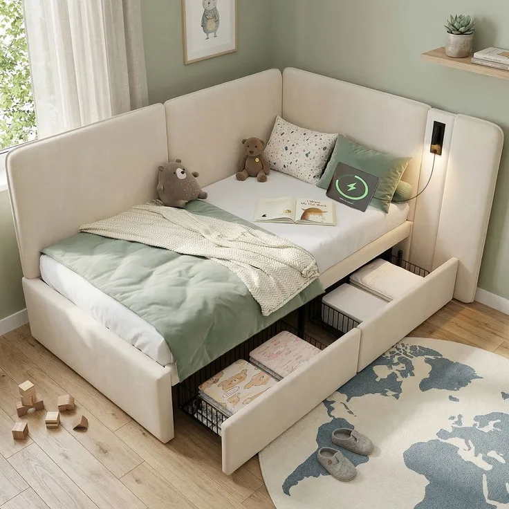 Merax Einzelbett, Kinderbett, Polsterbett, 90x200 cm Daybett, mit 2 Schubladen Aufladen Leselampe, Samt, beige