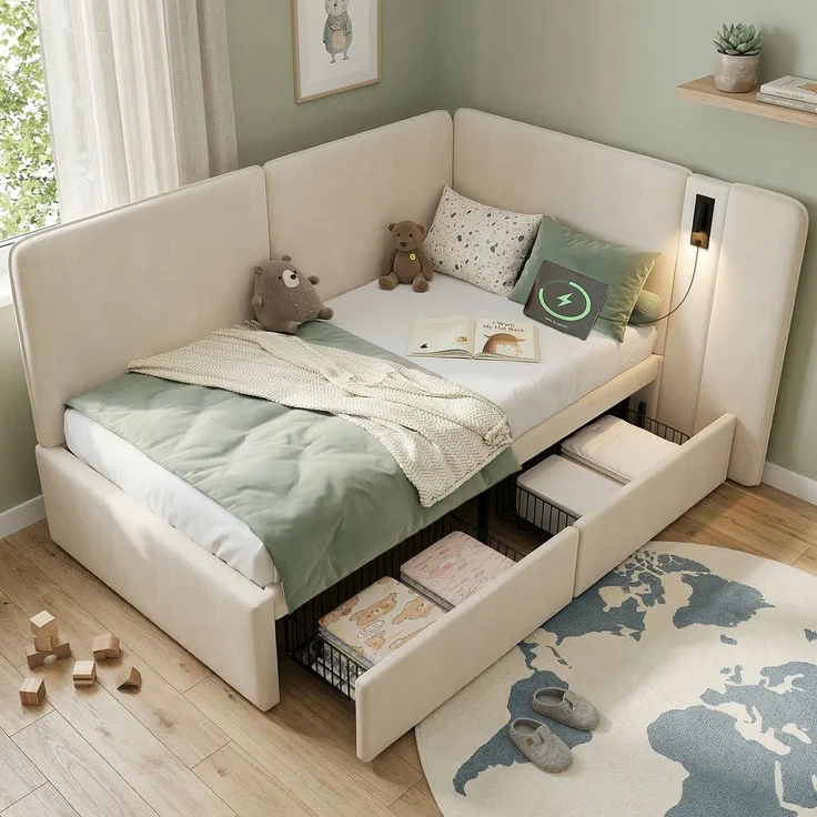 Merax Einzelbett, Kinderbett, Polsterbett, 90x200 cm Daybett, mit 2 Schubladen Aufladen Leselampe, Samt, beige – Bild 1