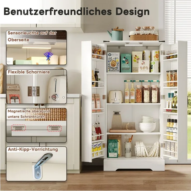 BlingBin Eckschrank Bauernhaus Aufbewahrungsschrank LED-Speiseschrank (1er Set, 1-St, 60 x 35 x 128,5 cm) freistehender Bodenschrank für Küche, Wohnzimmer, Esszimmer