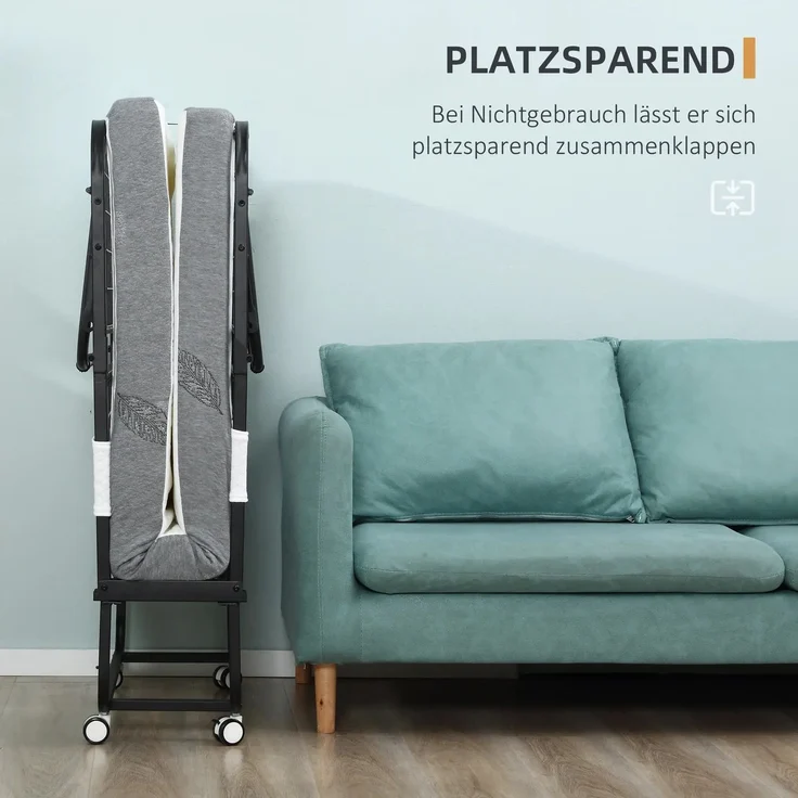 Wohnora-Gästebett Klappbett mit Rollen, Stahl+Schaumstoff, Weiß+Schwarz, 200x75x42,5cm,Weiß – Bild 4