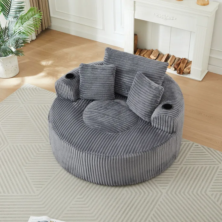 Rundes Loungesofa aus Cord, Einzelsitz Sitzsack Liegestuhl mit 3 Kissen, 2 Getränkehaltern, Seitenaufbewahrung, Rutschfest, Bequemes Relaxsofa für Wohnzimmer Schlafzimmer--Herde--146x29x32cm--YOUDENOVA
