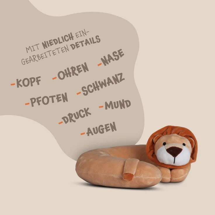 Nackenhörnchen Kinder Tier Schlafkissen Reisekissen Waschbar Kopfstütze U-Förmig Nackenkissen für Auto Zug Flugzeug weicher Kissenbezug Löwe – Bild 5