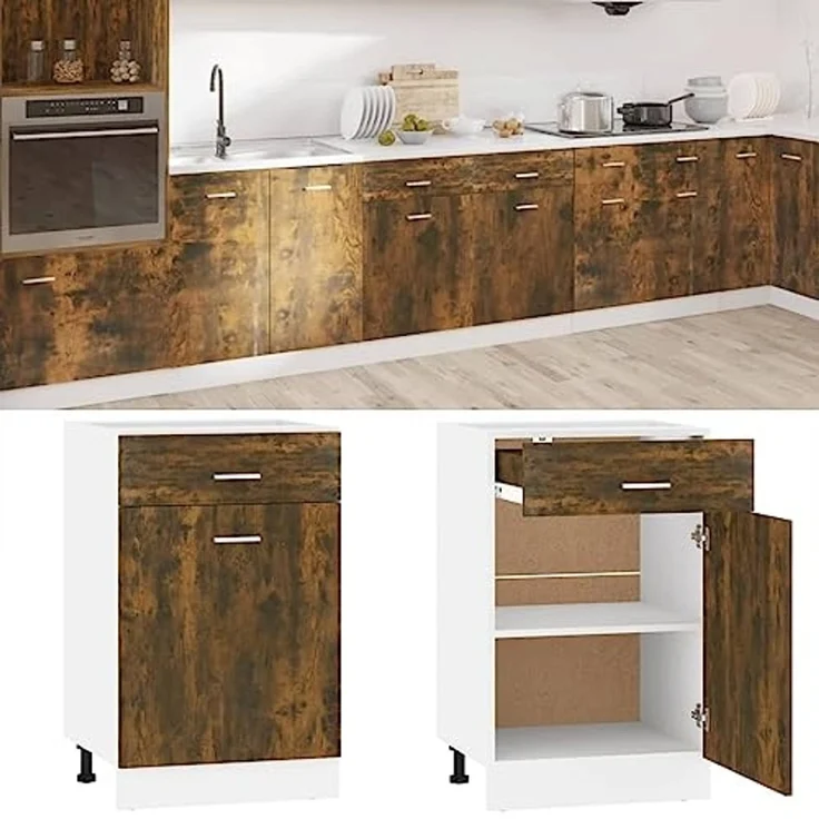 vidaXL Unterschrank, Küchenschrank mit Schublade 2 Fächern, Geschirrschrank für Küche, Küchenunterschrank Schrank Küchenmöbel, Räuchereiche – Bild 3