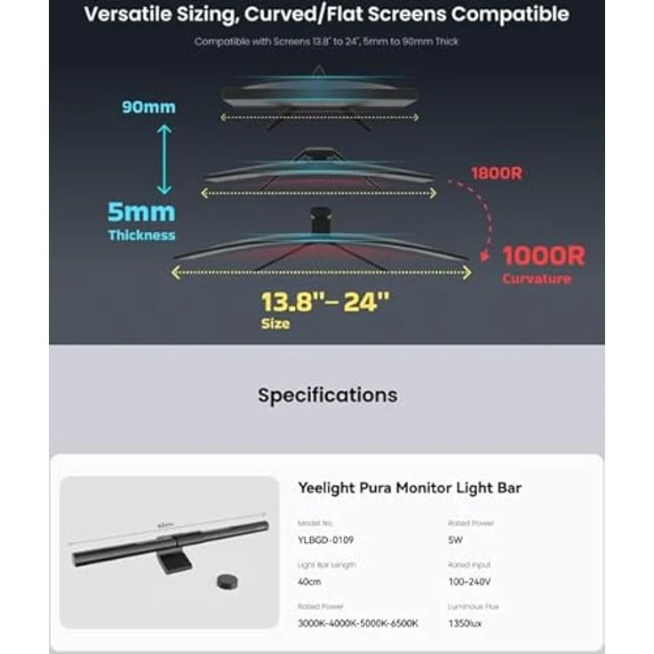 Yeelight Pura Monitor Light Bar, Schreibtischlampe mit 1350 Lux, USB-C, einstellbare Farbtemperatur 3000-6500 K – Bild 6