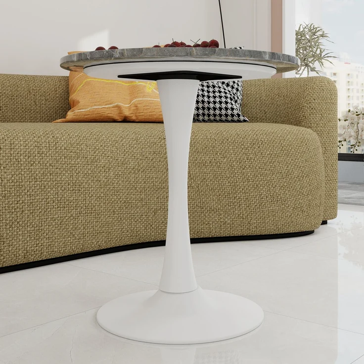 Novelux Runder Esstisch 70 cm Weißer Couchtisch Mid-Century Tisch für 2-4 Personen – Marmor Optik Tischplatte dunkelgraue Adern, Kompakter Bistrotisch – Bild 7