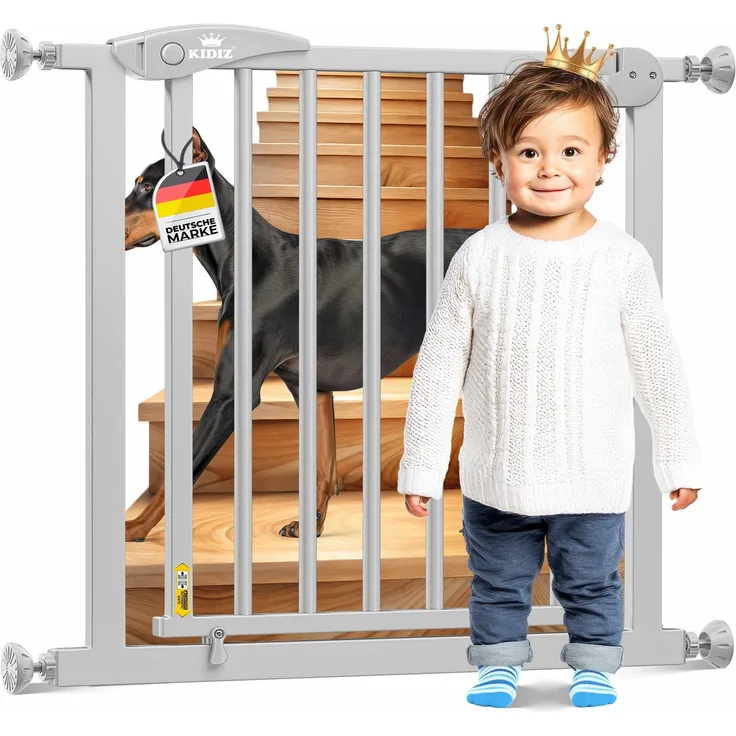 KIDIZ® Schutzgitter für Treppen | Tür, Auto Close Kindertreppengitter ohne Bohren | 90° Stop, Absperr Türschutzgitter, schwenkbare Trennwand, Treppenschutzgitter, Klemmen 74-87 cm GRAU