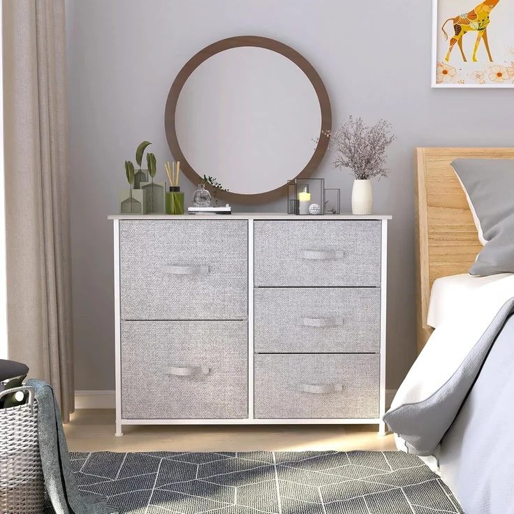 YITAHOME Kommode,Kommode mit 5 Schubladen,Schrank,Stoffschubladen mit Griffen,Metallgestell,für Wohnzimmer Flur Schlafzimmer,Dauerhaft,Hellgrau – Bild 2