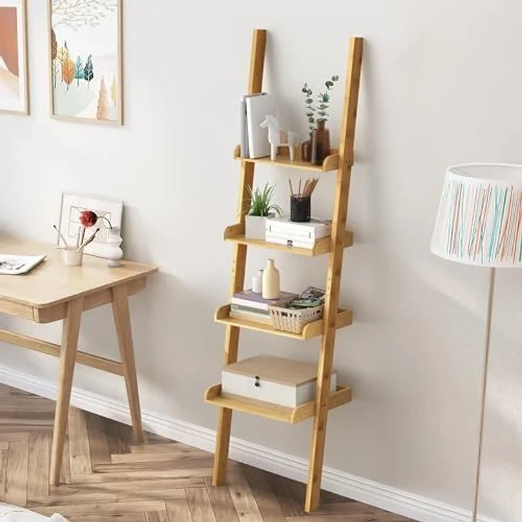 Ribelli Leiterregal mit 4 Ablagen, Bücherregal aus 100% Bambus, ca. 33T x 43,5B x 175H cm, Standregal gegen Wand für Arbeitszimmer, Wohnzimmer, Badezimmer, Küche, 510301 – Bild 5