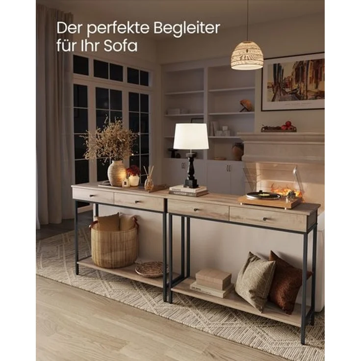 Vasagle Konsolentisch, Flurtisch, Beistelltisch, Sofatisch mit 2 Schubladen, Stahlgestell, Flur, Wohnzimmer, Industrie-Design, kamelbraun-tintenschwarz LNTDE015W01 Konsole – Bild 2